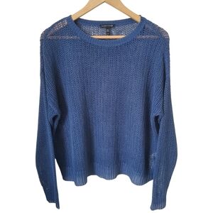 Eileen Fisher Organic Linen Open Knit Pullover Sweater Blue Coastal Minimalist
